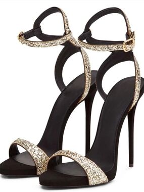 Up2Step Elegant Black and Gold Glitter Stiletto Sandals - Women